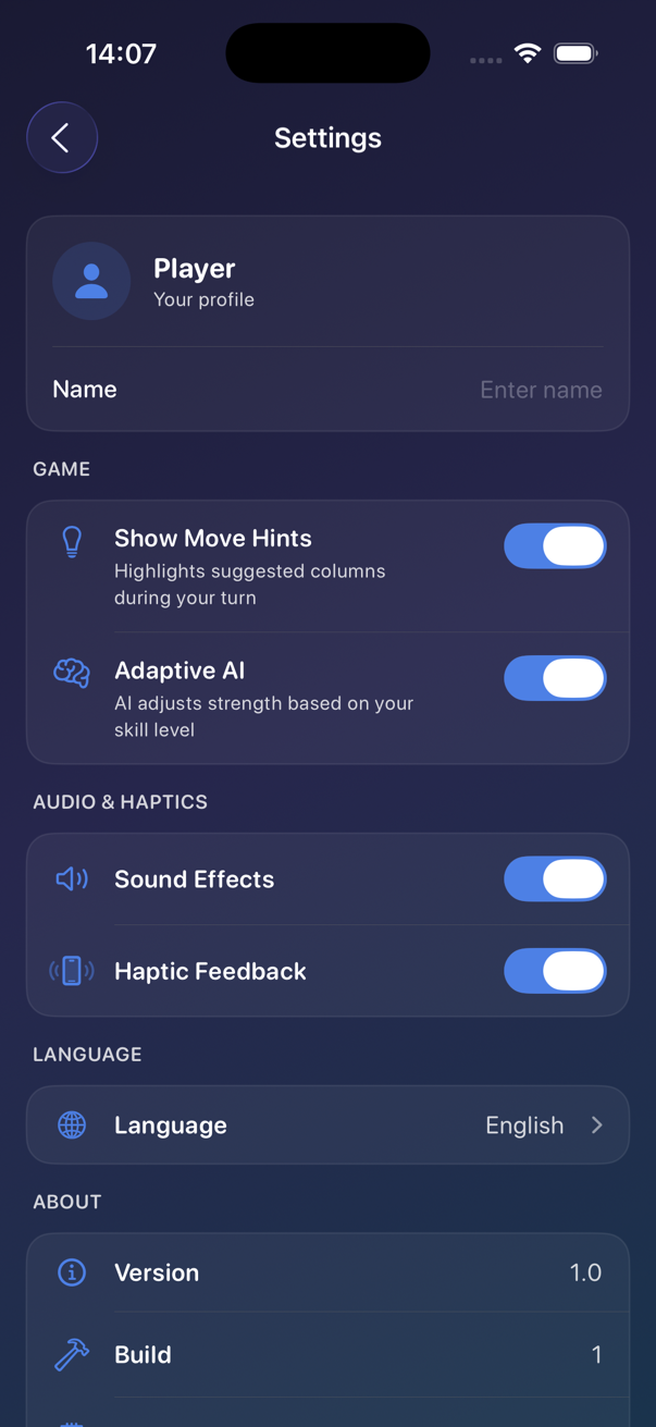 Settings screen
